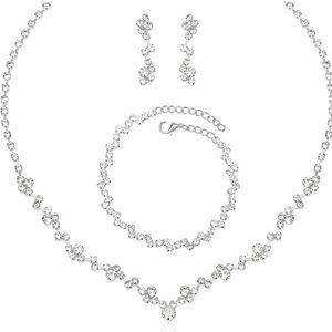 3 Piece Silver Necklace~ Earrings ~Bracelet Crystal Bridal Wedding Jewelry Set